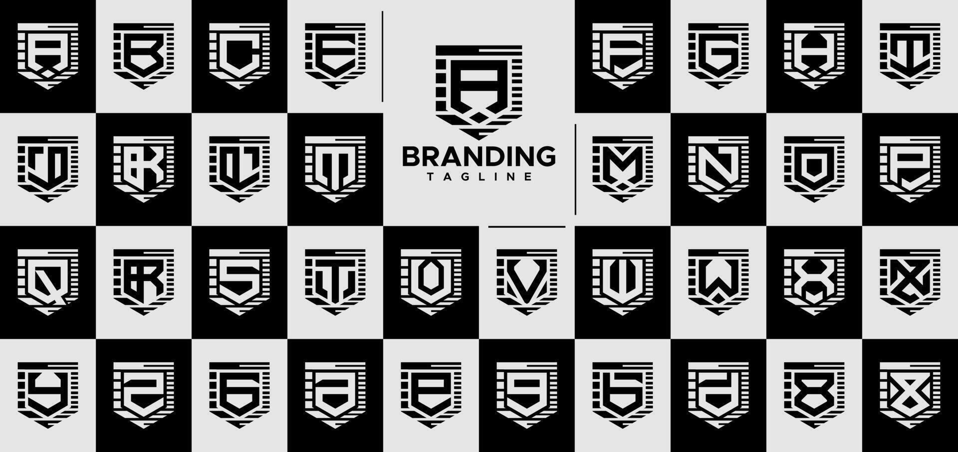 Stripe line technology shield letter A-Z logo set vector