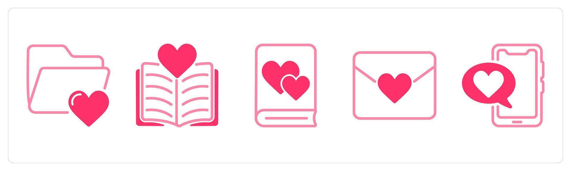 A set of 5 valentines day icons as love file, love story, love book vector