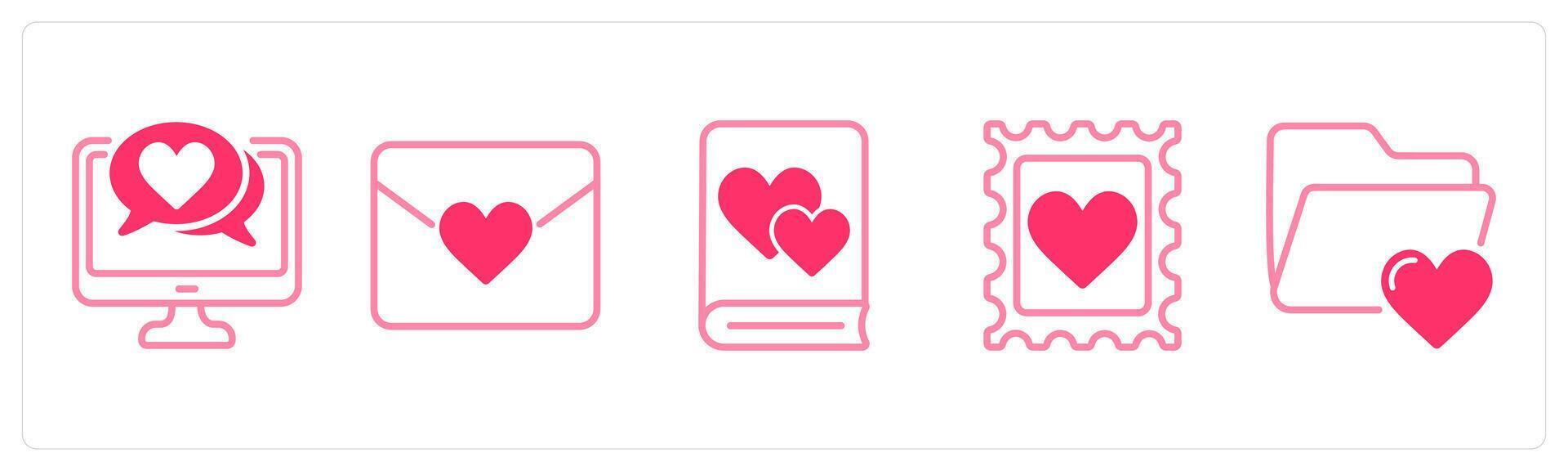 A set of 5 valentines day icons as online dating, love letter, love book vector