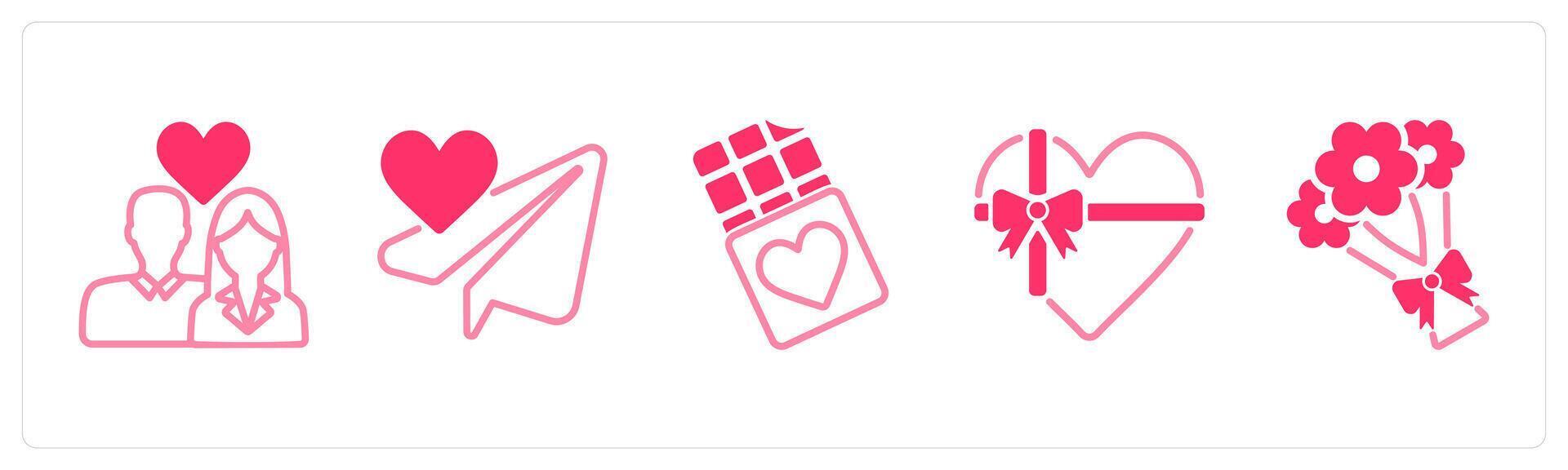A set of 5 valentines day icons as couple, message, chocolate vector