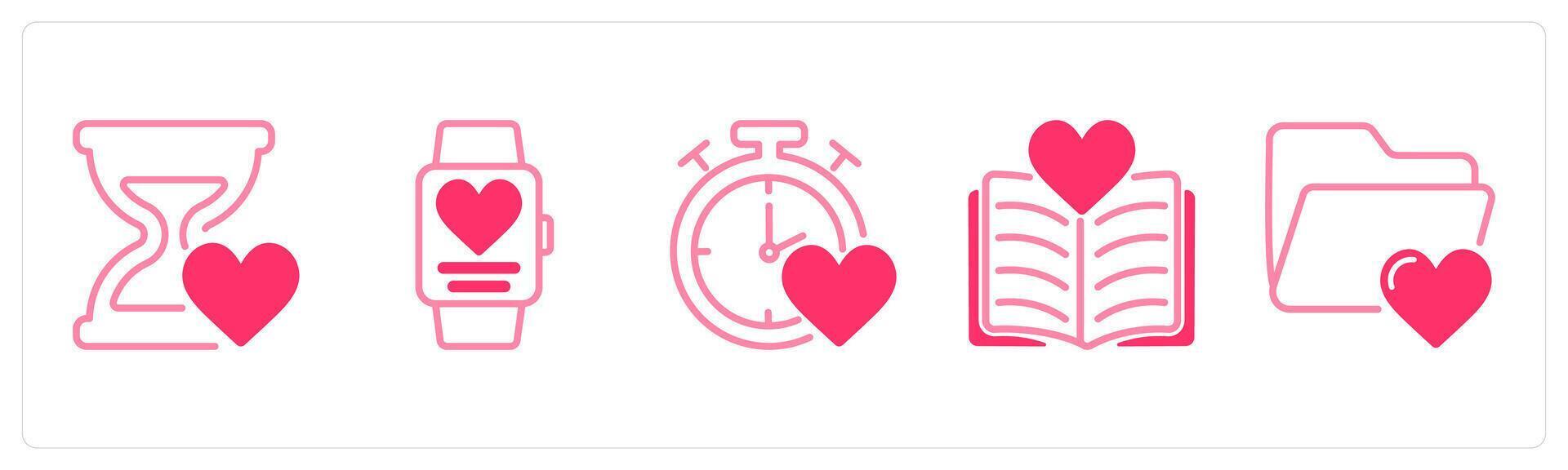 A set of 5 valentines day icons as love hours, time, love story vector