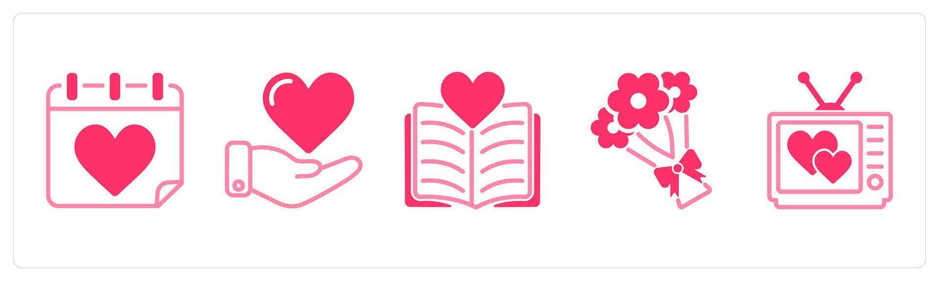 A set of 5 valentines day icons as love calendar, love, love story vector