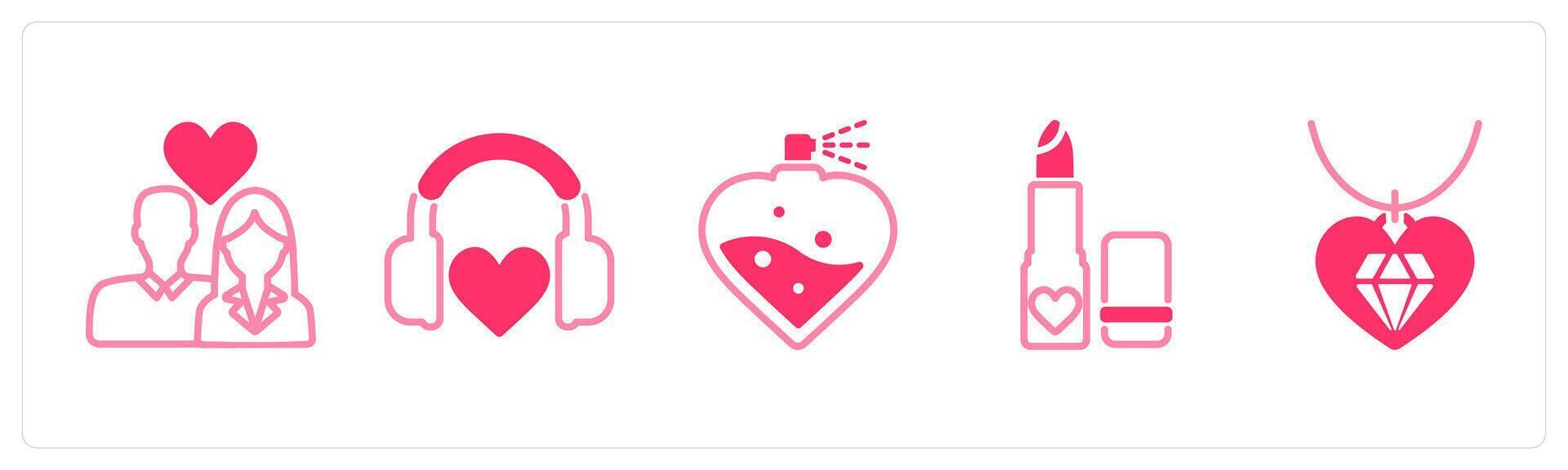 A set of 5 valentines day icons as couple, love song, perfume vector
