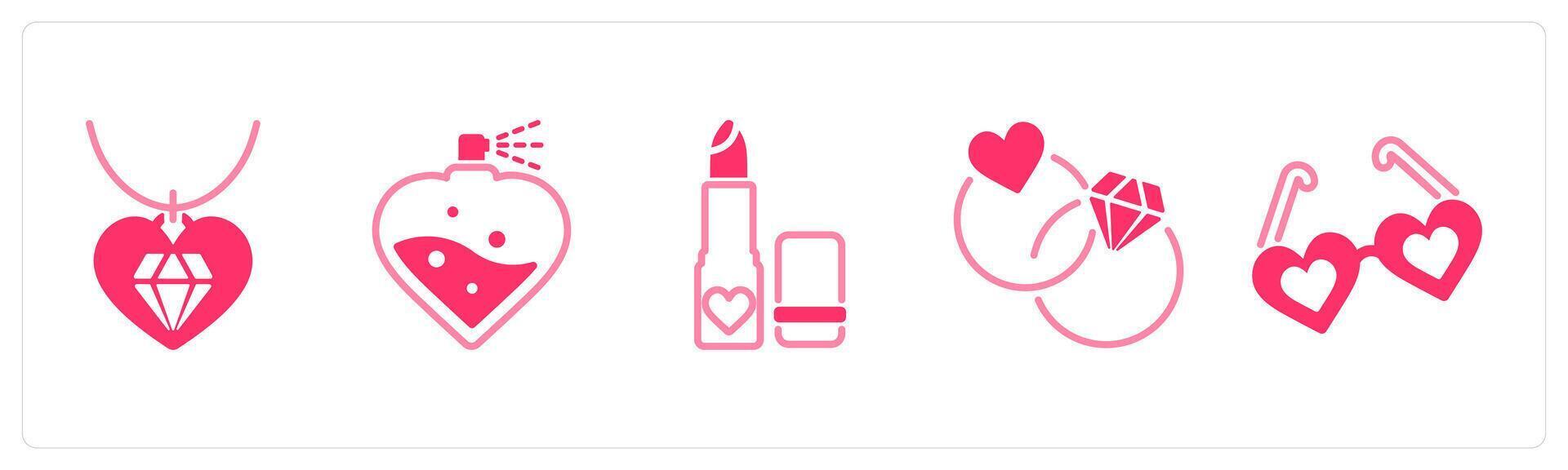A set of 5 valentines day icons as pendant, perfume, lipstick vector