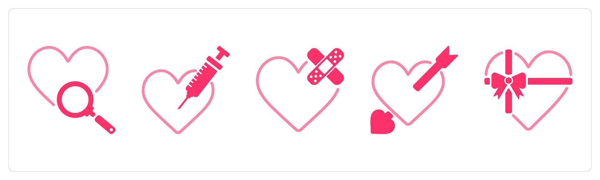 A set of 5 valentines day icons as find love, love injection, broken heart vector