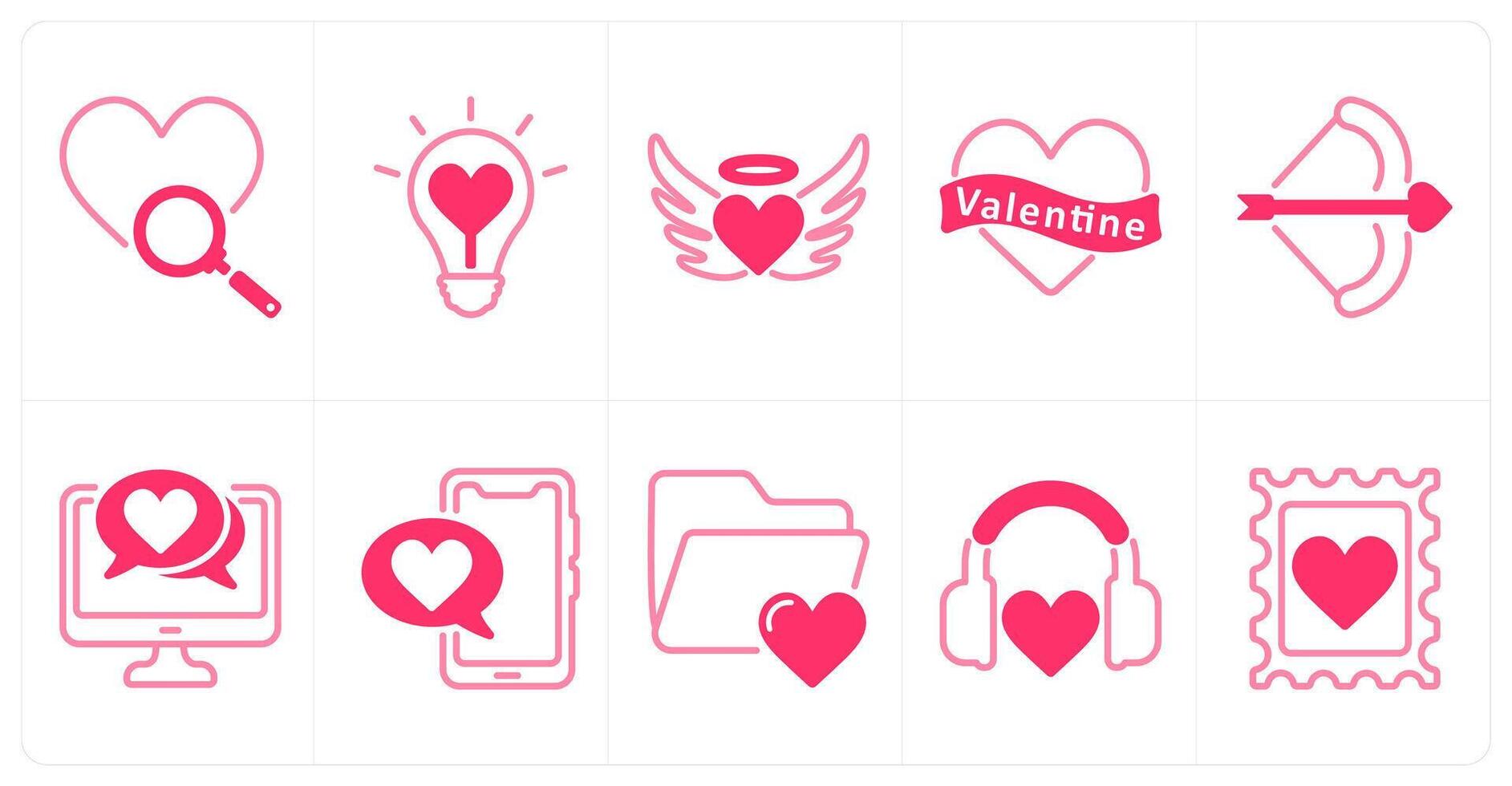 A set of 10 Valentines Day icons as find love, love idea, flying heart vector