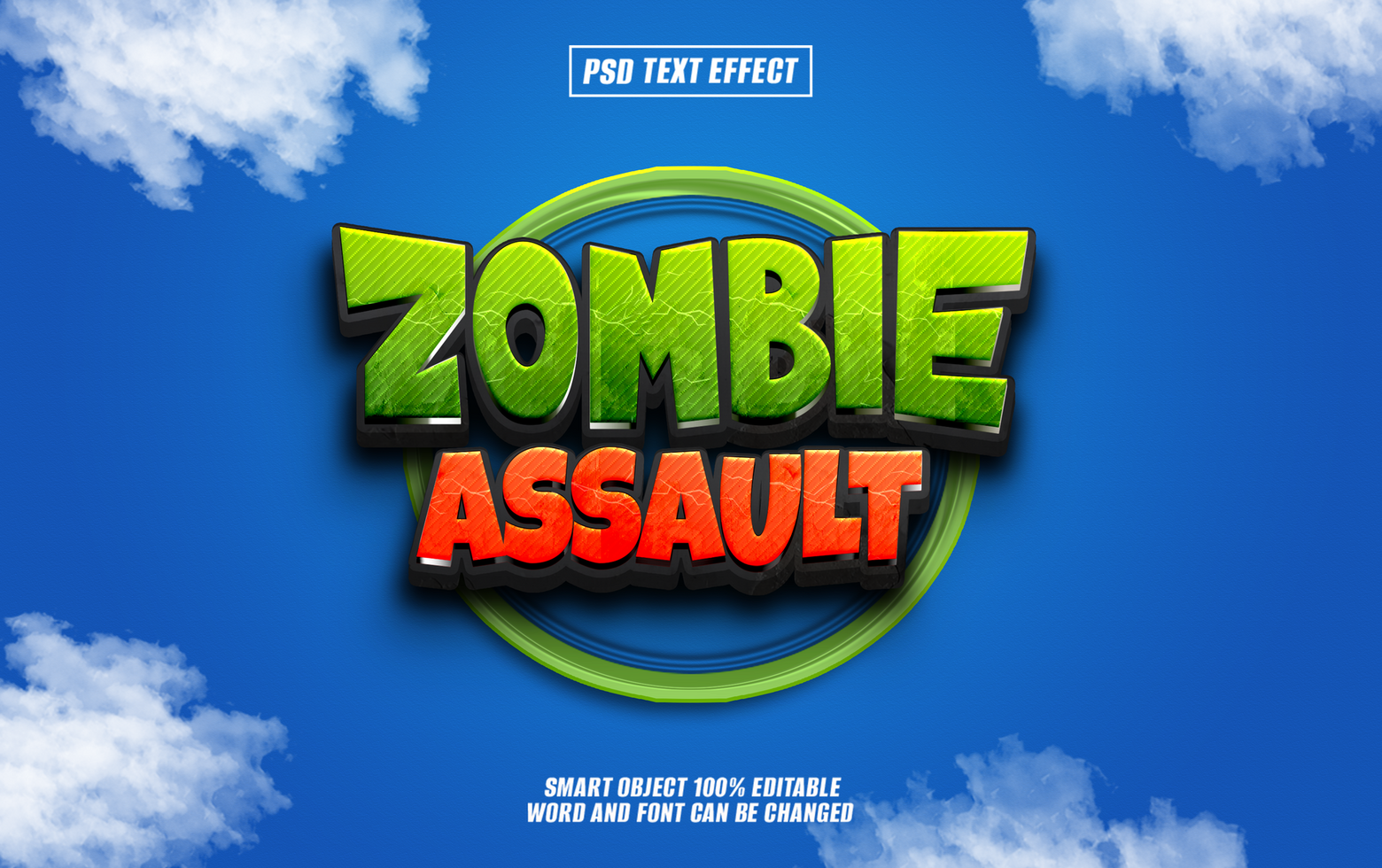 3d text effect Zombie Assault on a blue sky background psd