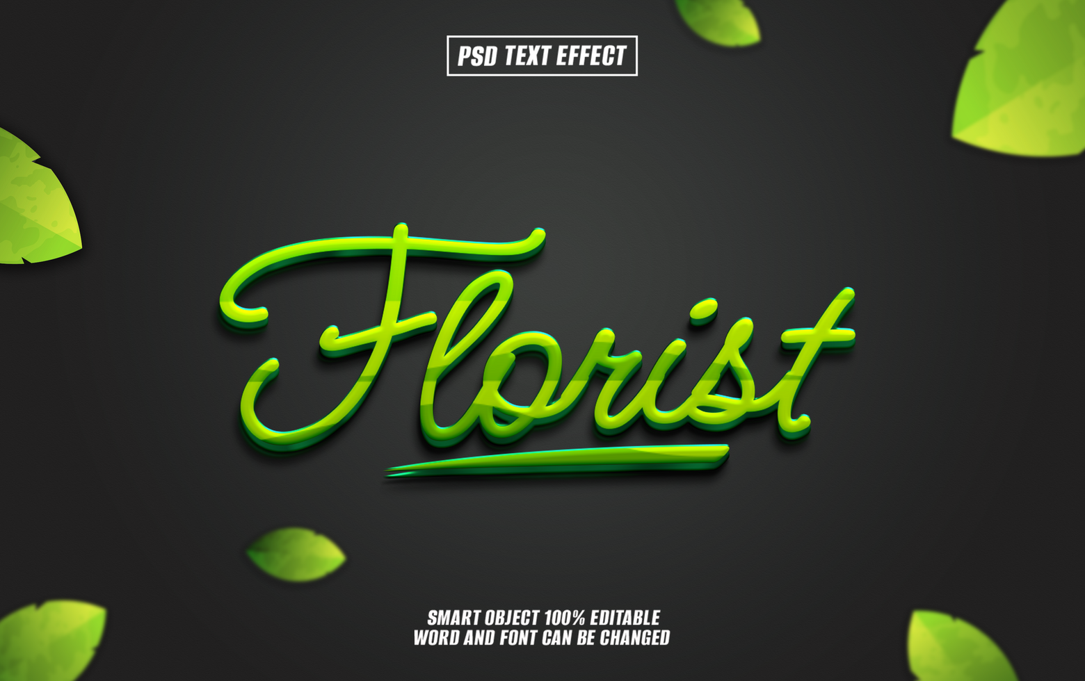 Florist text effect with leaves on dark background. psd