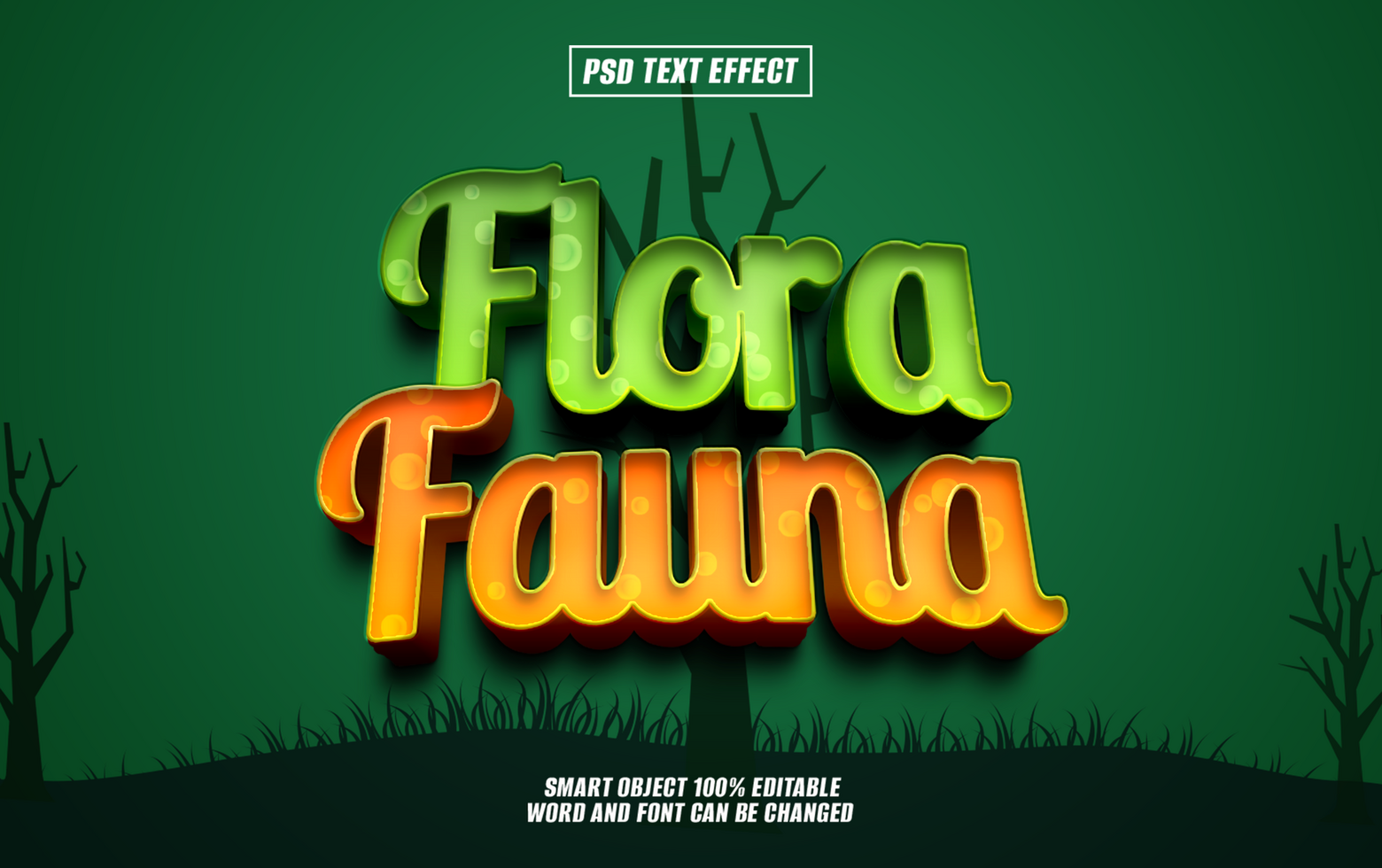 3D text effect Flora Fauna with green and orange gradient, psd