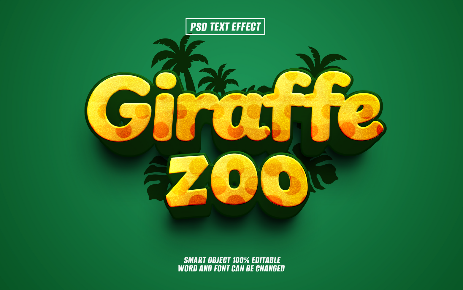 3D cartoon giraffe zoo text effect with palm trees psd