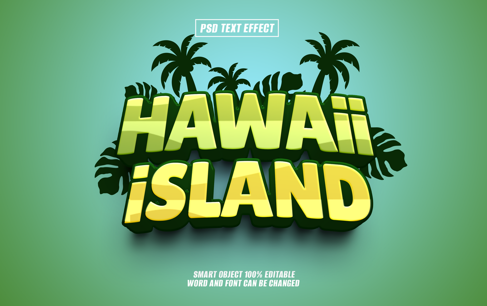 3D text effect design Hawaii Island with tropical elements. psd