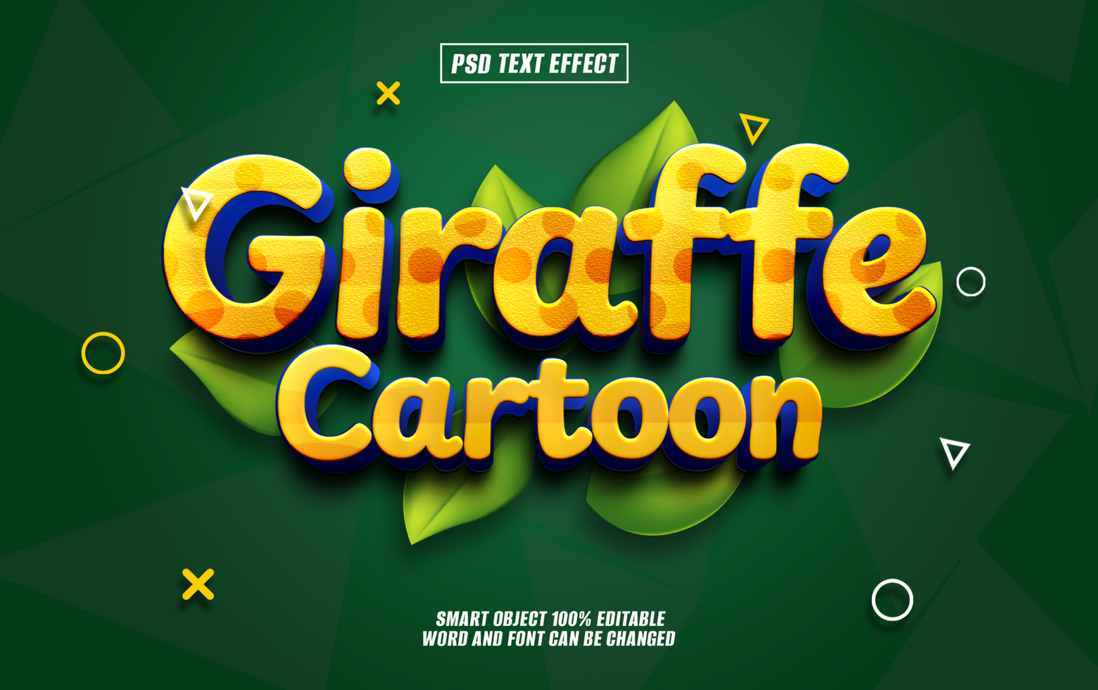 3D cartoon giraffe text effect with green leaves background. psd