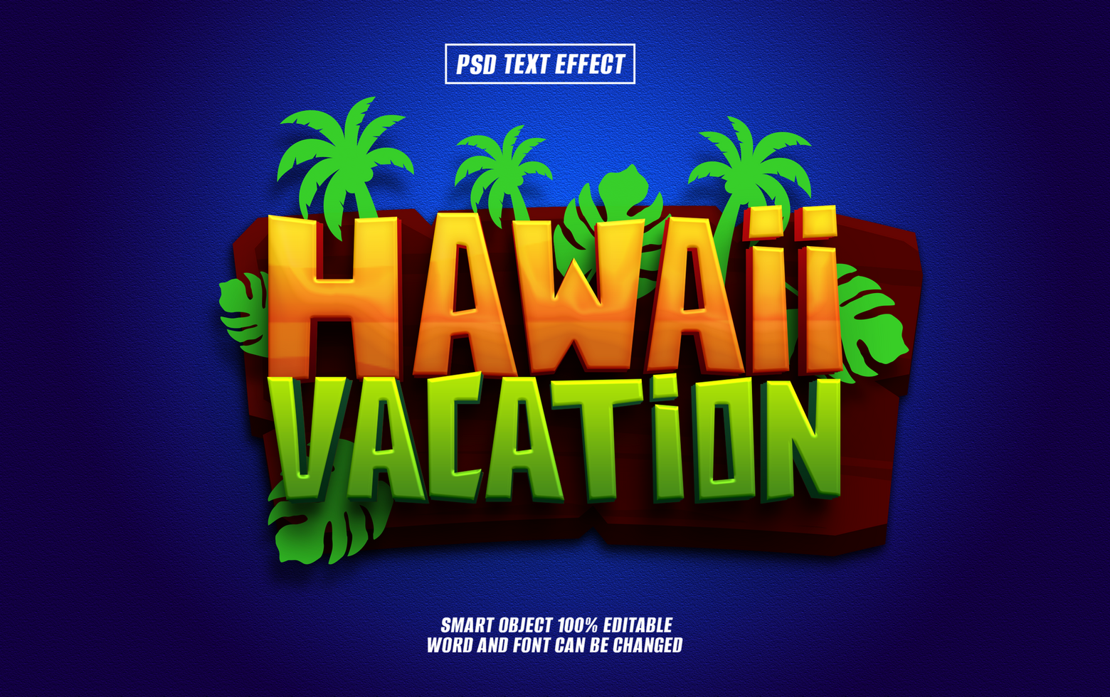 3D text effect design Hawaii Vacation with tropical elements. psd