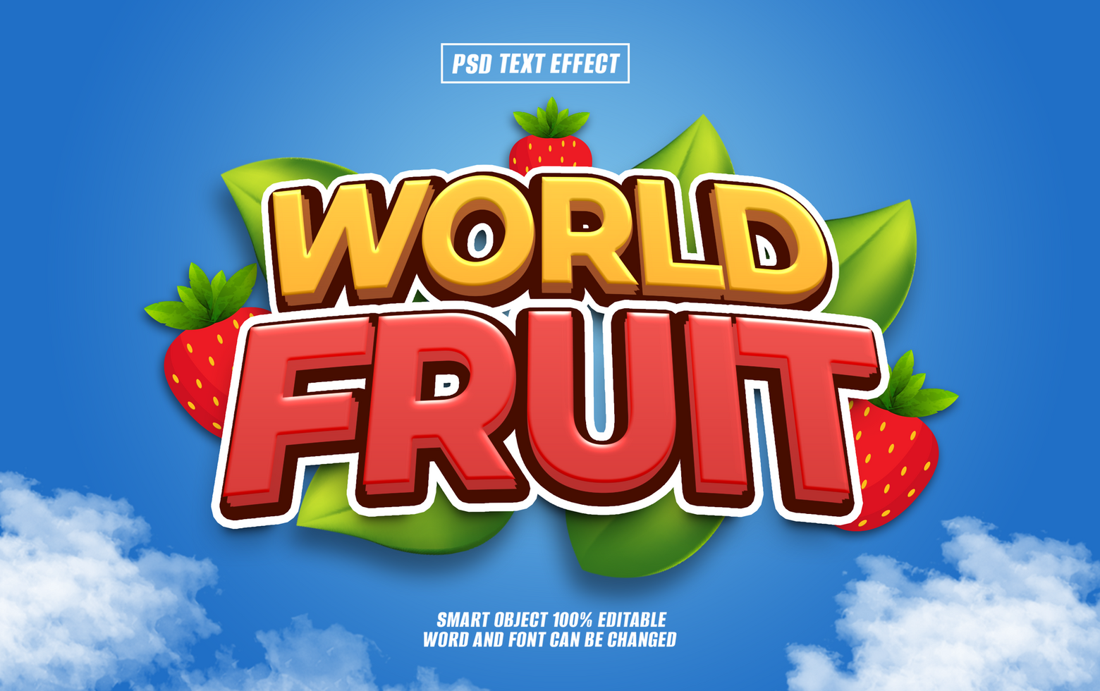 3D text effect World Fruit with strawberries and leaves psd