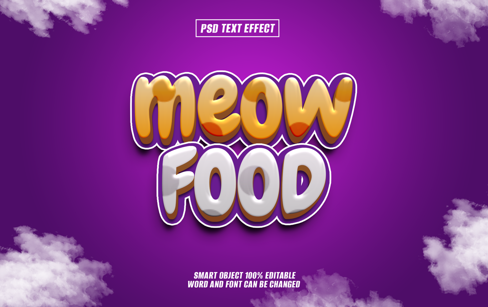 3D cartoon text effect Meow Food on purple background psd