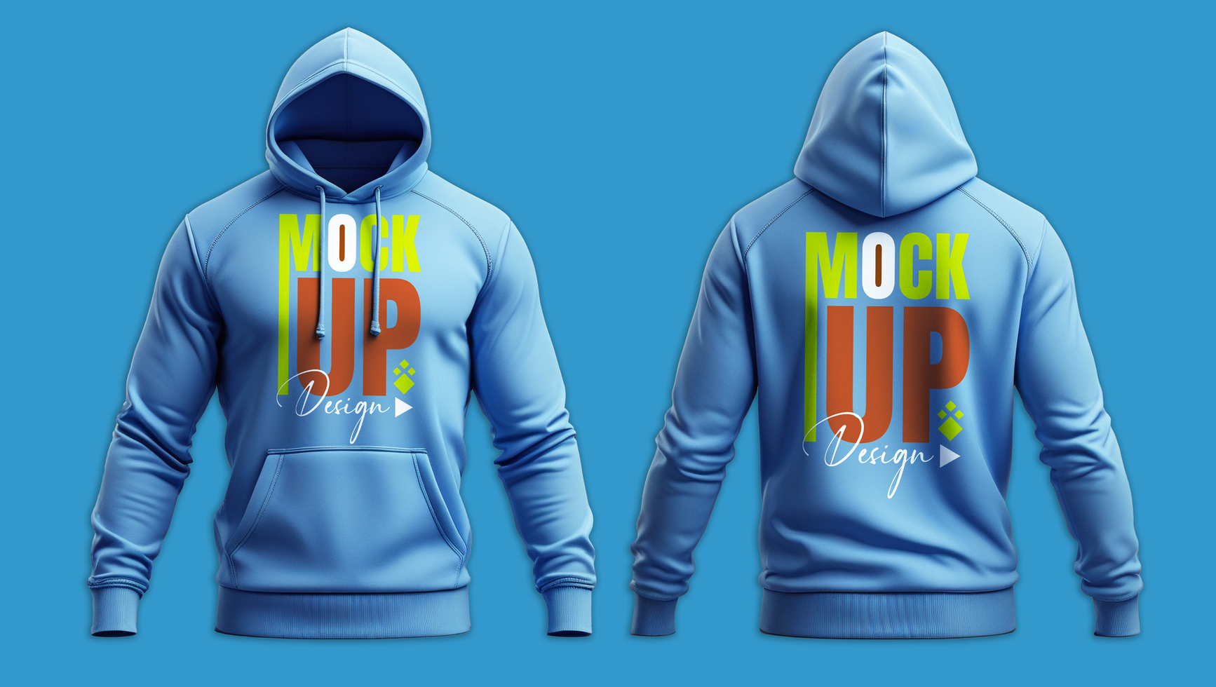 Front and back view of vibrant soft blue hoodie mockup template designed for fashion brand presentations and apparel psd