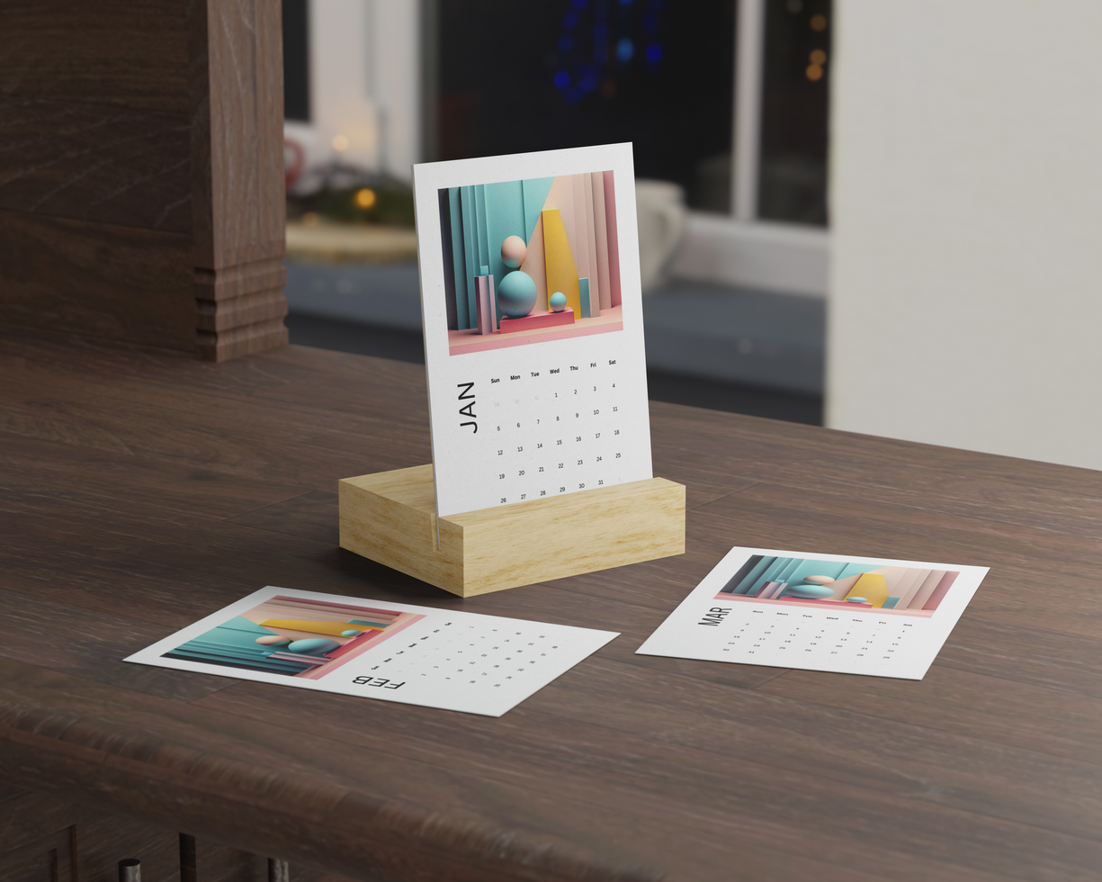 Vertical Desk Calendar on Wood Table psd