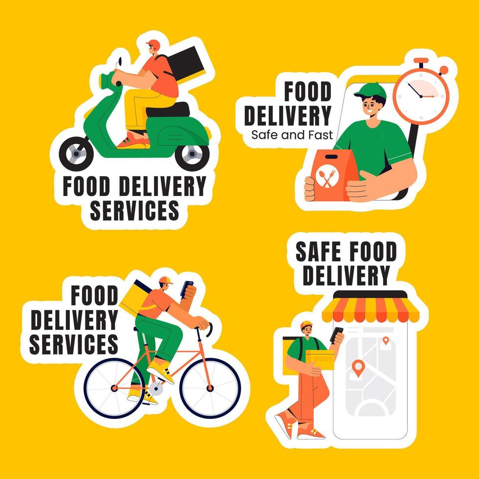 Online Food Delivery Service Social Media Label Templates in Hand-Drawn Style vector