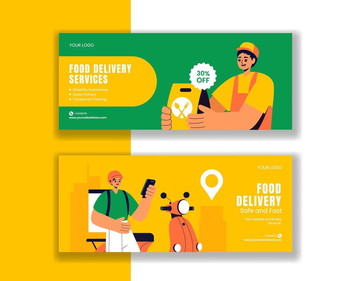 Horizontal Banner Templates Featuring Food Delivery in Flat Cartoon Style vector