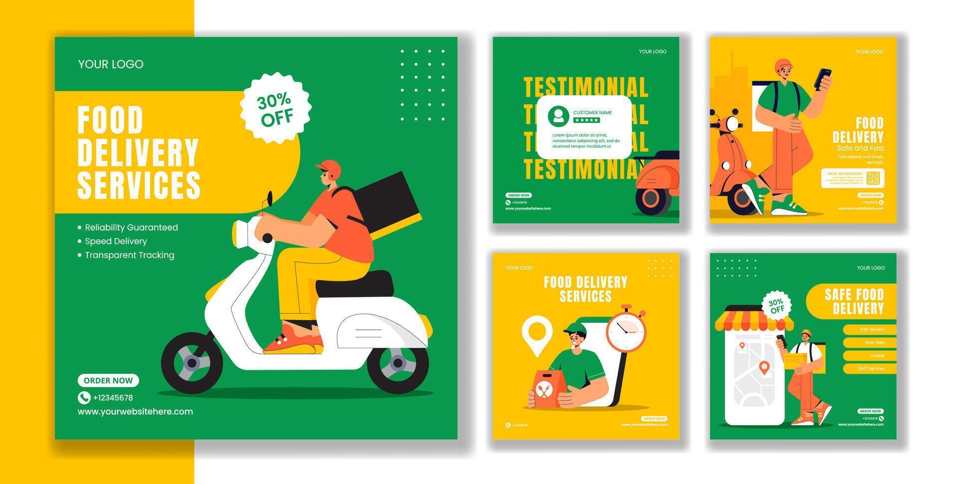 Online Food Delivery Social Media Post Templates in Flat Cartoon Style Illustration vector
