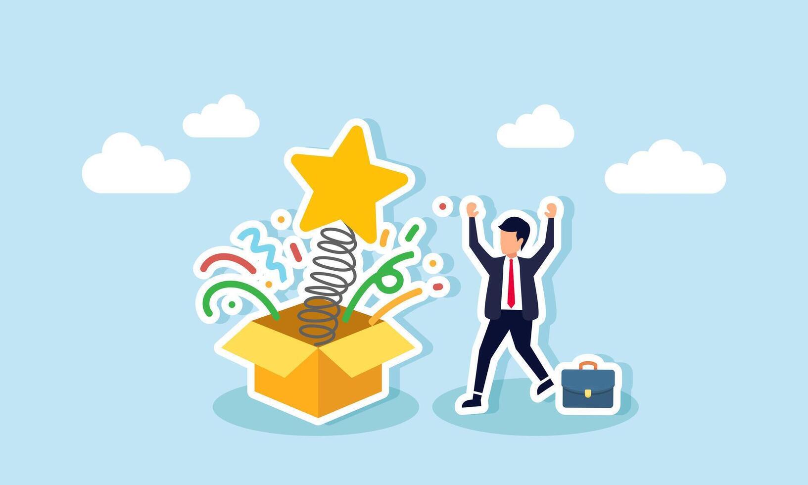Businessman jumps with joy after receiving a gift box containing a star, illustration of happiness due to improved business quality vector
