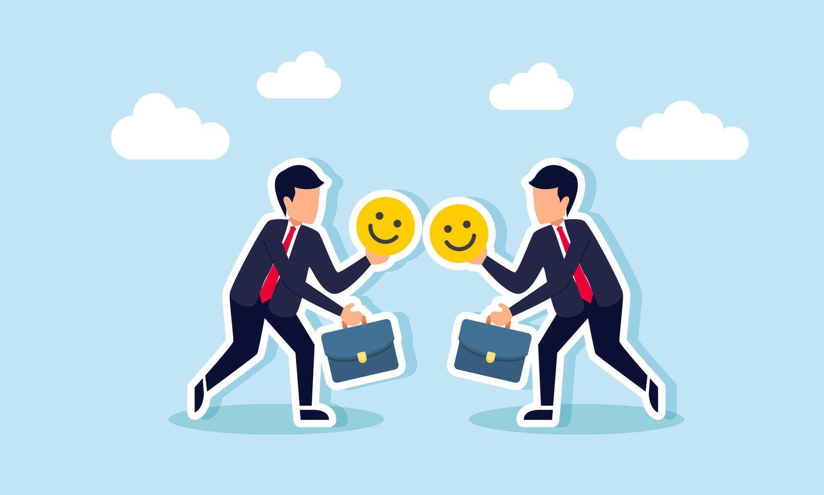 Two businessmen carry happy emoticons and intend to exchange them, illustration of business merger to increase market attention vector