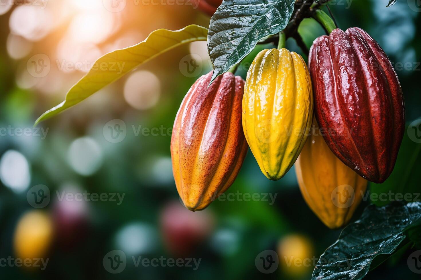Close-up of ripe cacao pods in shades of yellow, orange, and brown hanging on a tree surrounded by green leaves, symbolizing cocoa farming and sustainable agriculture. . photo