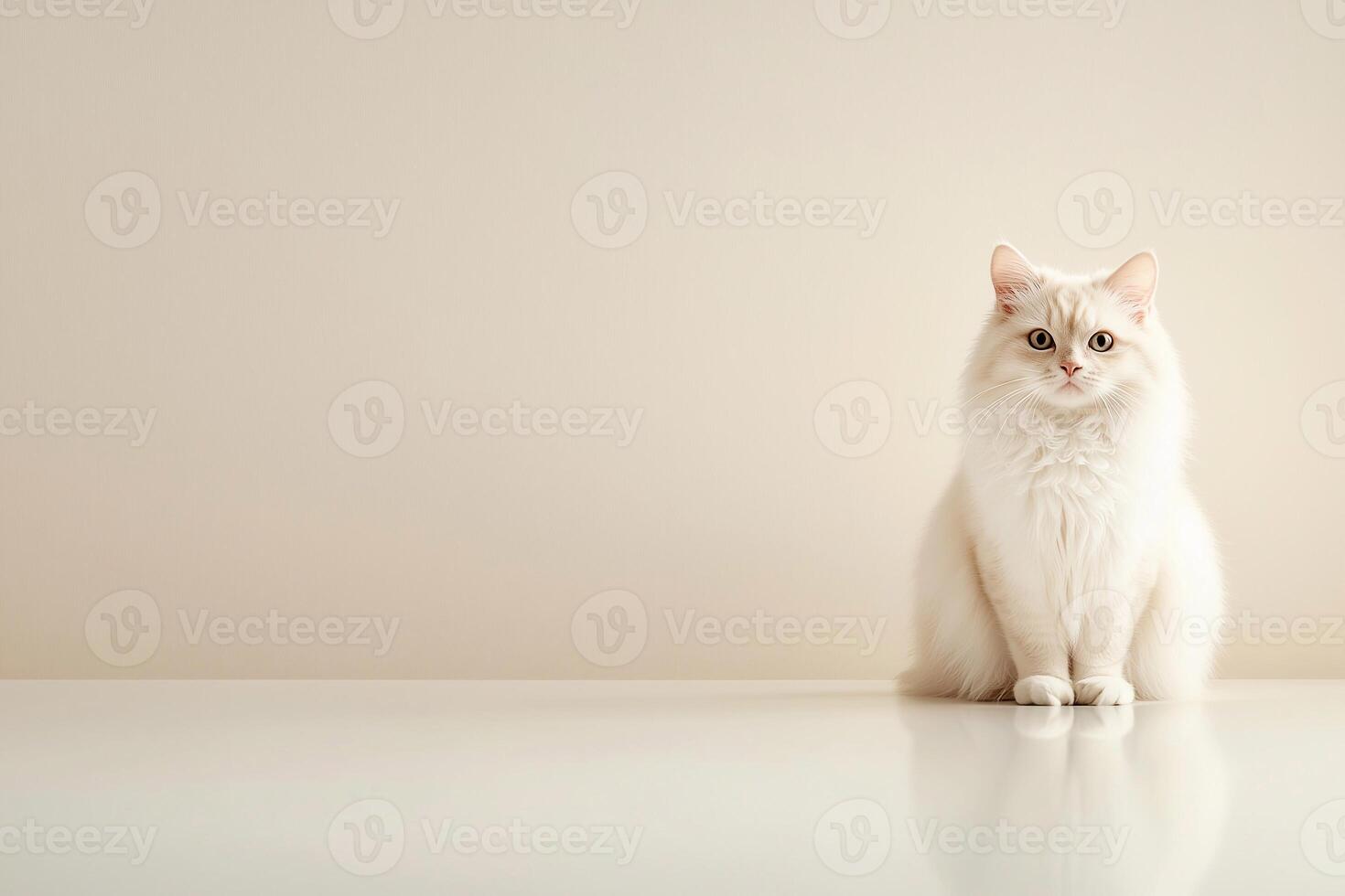 A perfectly groomed, white fluffy cat sitting elegantly, exuding cleanliness, beauty, and luxury pet care, captured in a minimalist studio setting. . photo