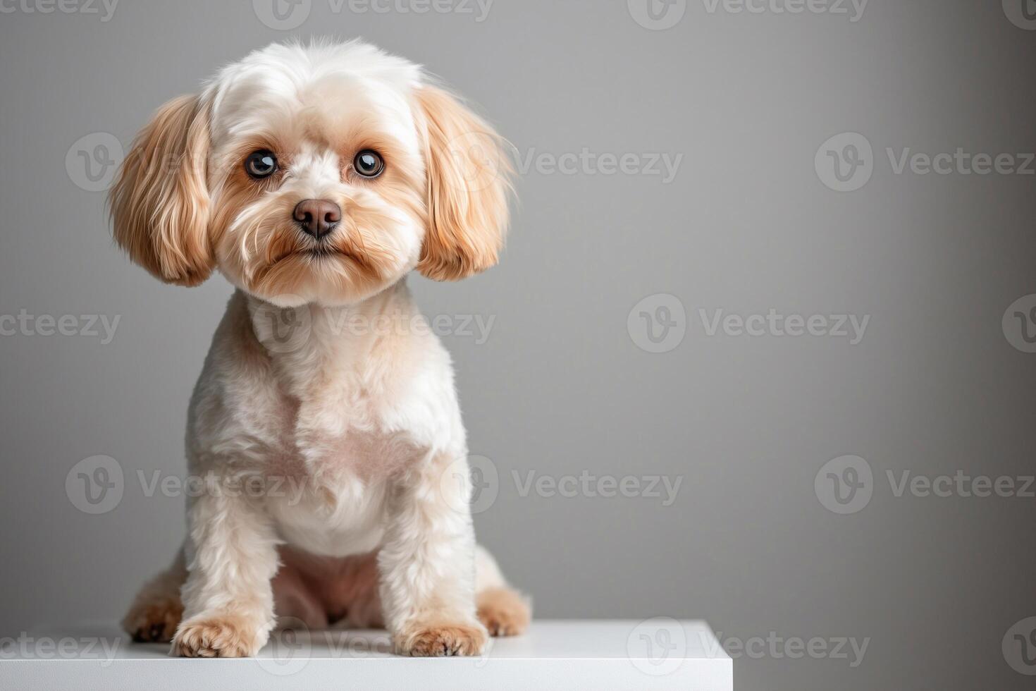 A sleek studio shot of a freshly groomed small dog with beige and white fur, exuding cleanliness and elegance. Perfect representation of professional pet grooming. . photo