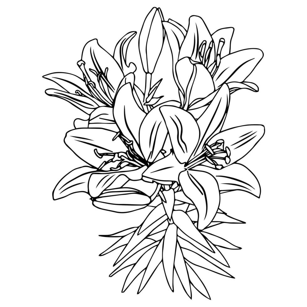 Elegant bouquet of lilies with flowers and buds. Bouquet of flowers on long stems, for your design. Doodle style. vector