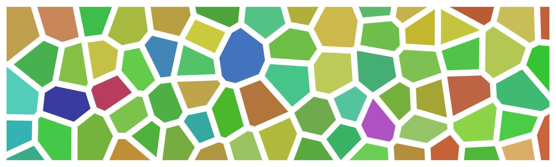 A colorful mosaic pattern with irregular polygonal shapes in shades of green, blue, yellow, and red, separated by white borders. Abstract and vibrant design. vector