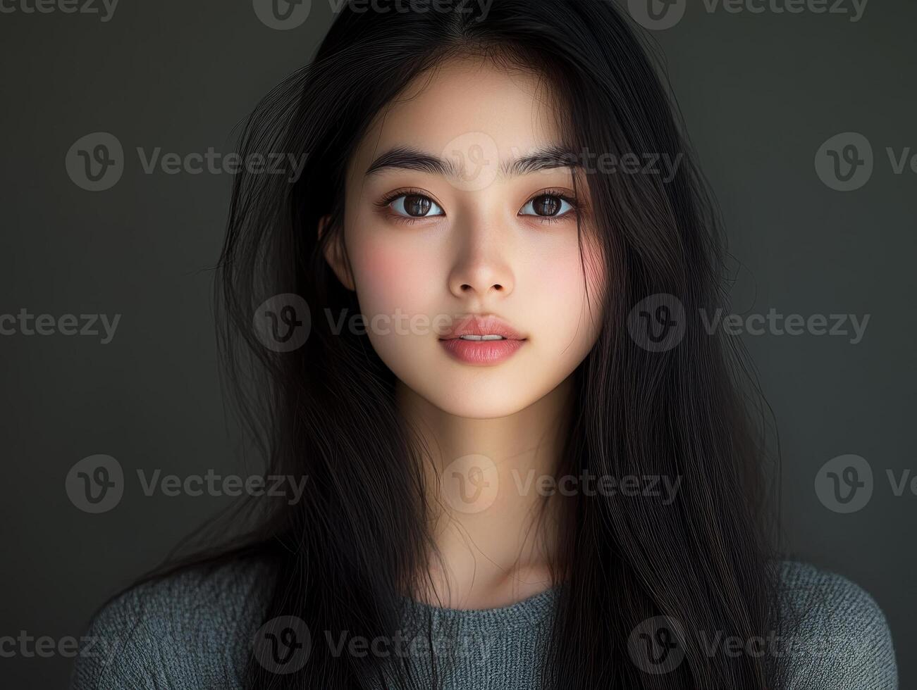 Captivating headshot of a young woman with mesmerizing eyes and flowing dark hair photo
