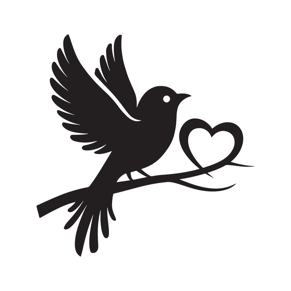 Silhouette of a bird with a heart, symbolizing love and freedom. vector