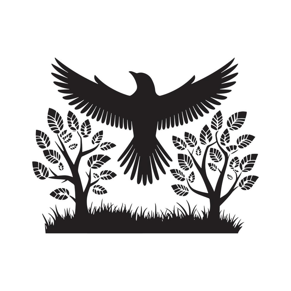 Black and White Silhouette of a Bird Soaring Above Trees vector
