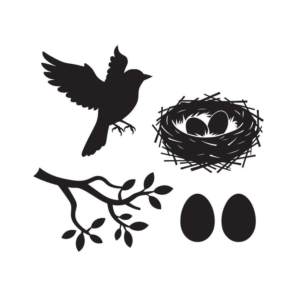 Silhouette of a Bird, Nest, and Eggs on a Branch vector