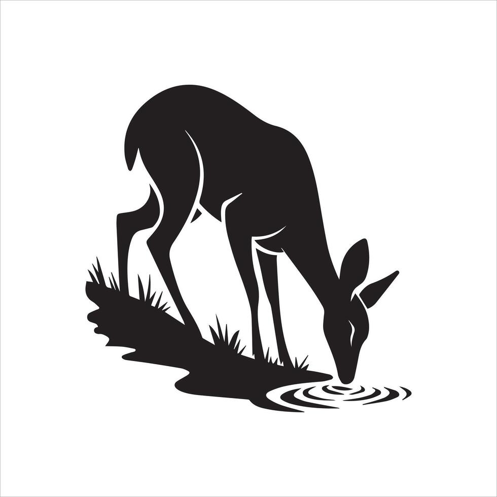 Silhouette of a deer drinking water at a tranquil waterhole. vector