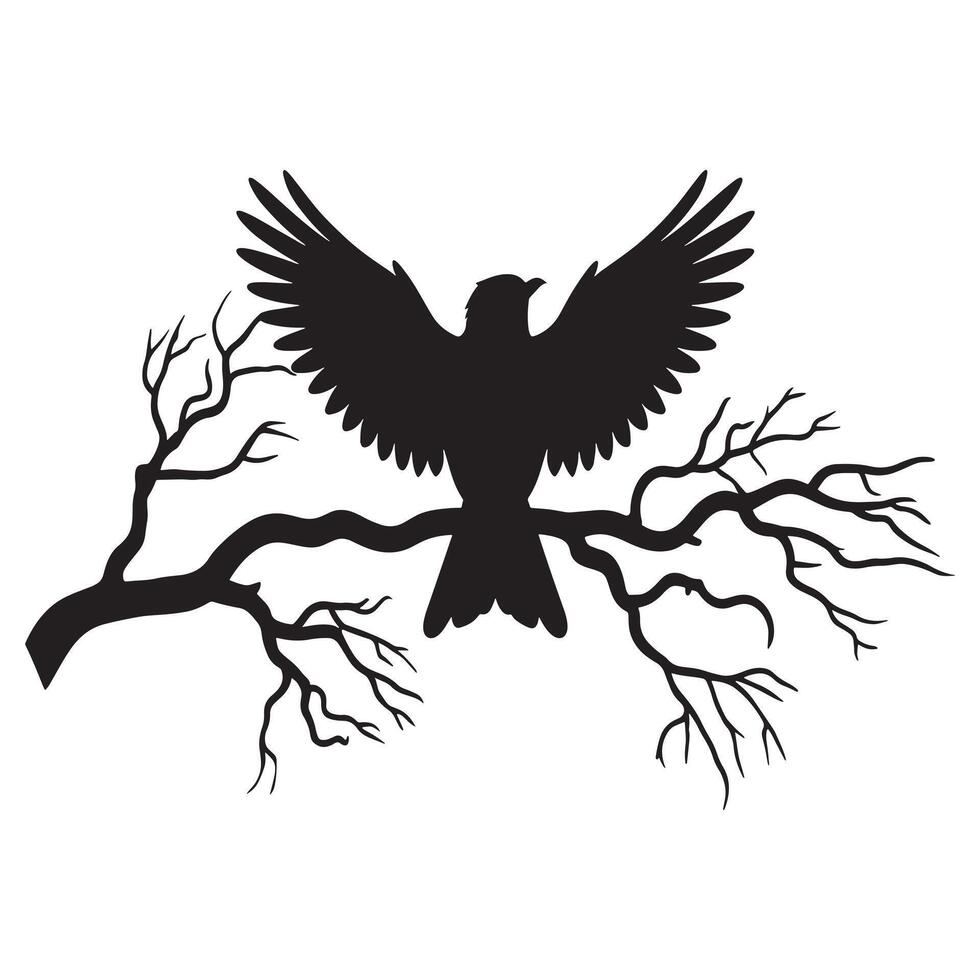 Silhouette of a bird perched on a bare tree branch vector