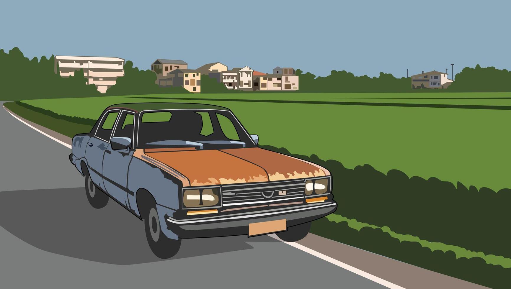 Classic Car on The Country road, illustration with green paddy seed at the background. vector