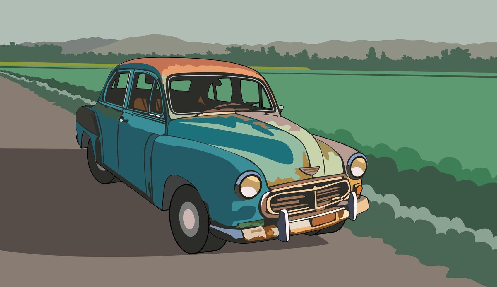 Rusty Classic car on the country road, illustration for design elements. vector