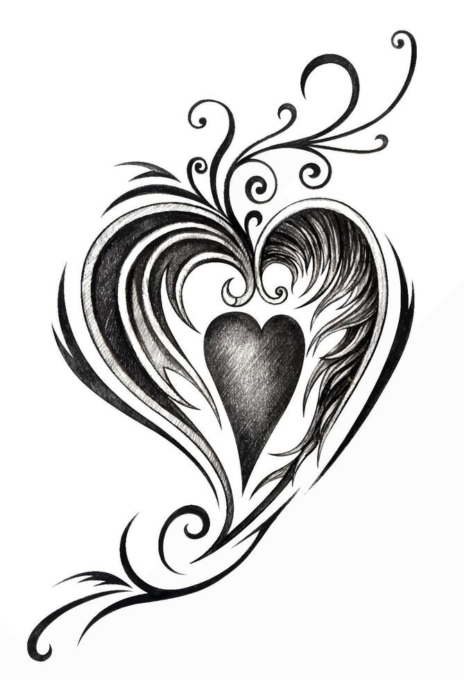 Fancy art feather mix heart tattoo design by hand drawing and make graphic . vector