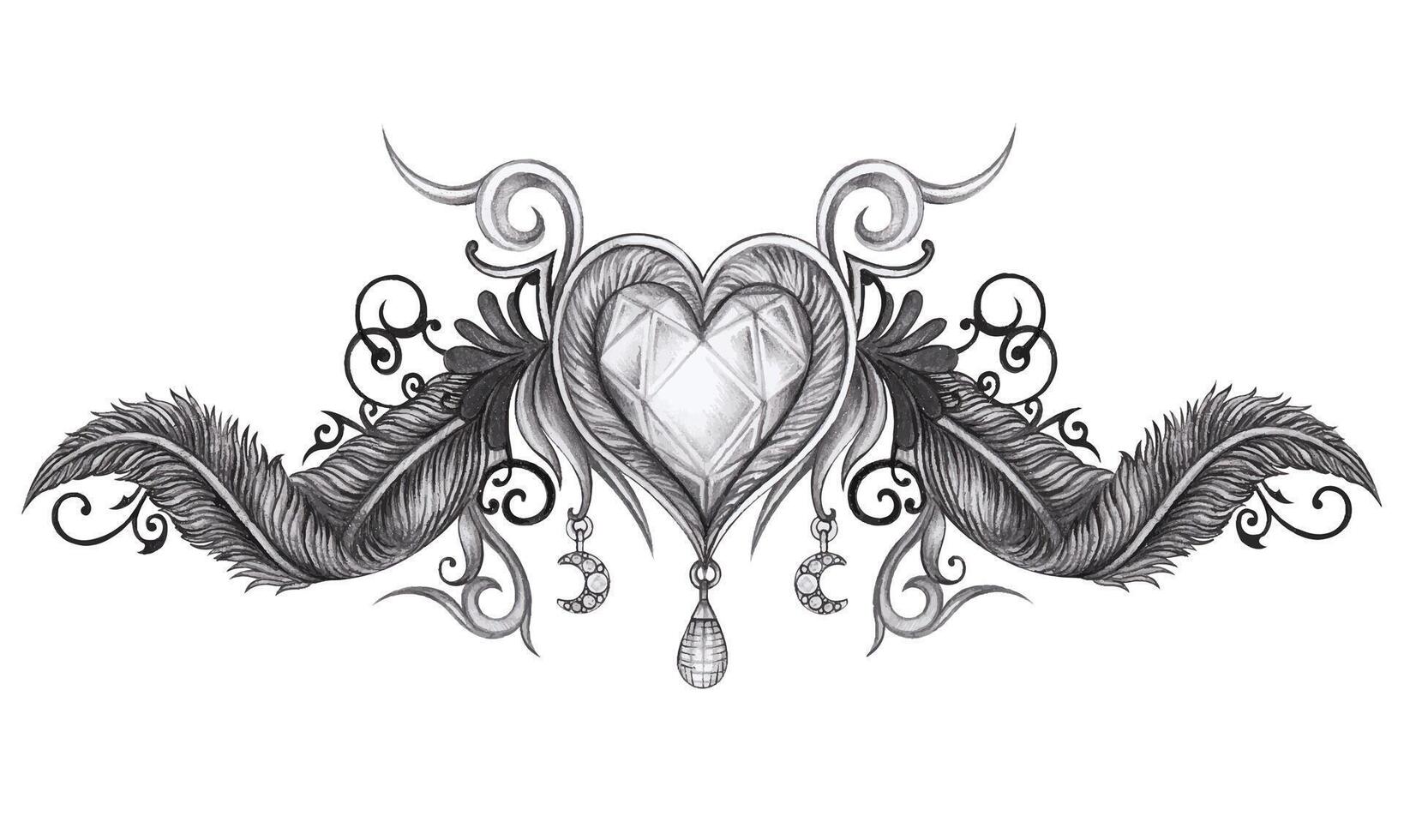 Surreal art feather gems mix heart tattoo design by hand drawing and make graphic . vector