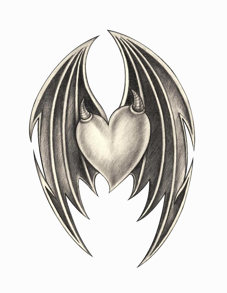 Wings devil mix heart tattoo design by hand drawing and make graphic . vector