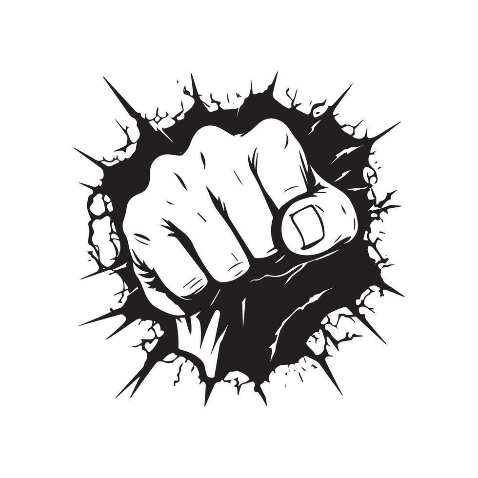 hand through to the hole silhouette with crack effect black and white vector