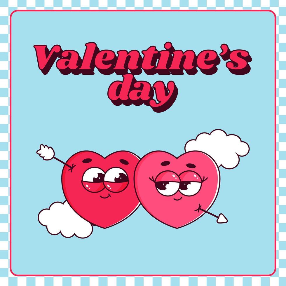 Happy Valentines day poster with lovely heart characters with face, cupids arrow and clouds. Trendy retro groovy style. illustration vector