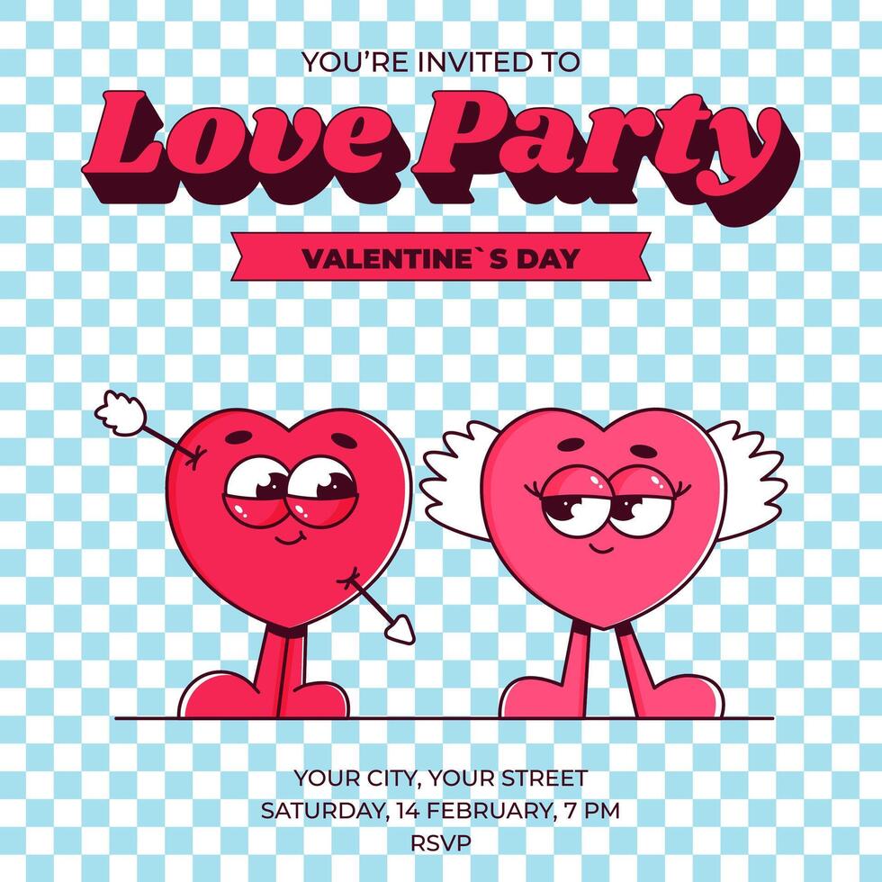 Love Party Invitation. Lovely and cute couple heart character in retro groovy style. Valentines day, February 14. illustration with text and quote vector