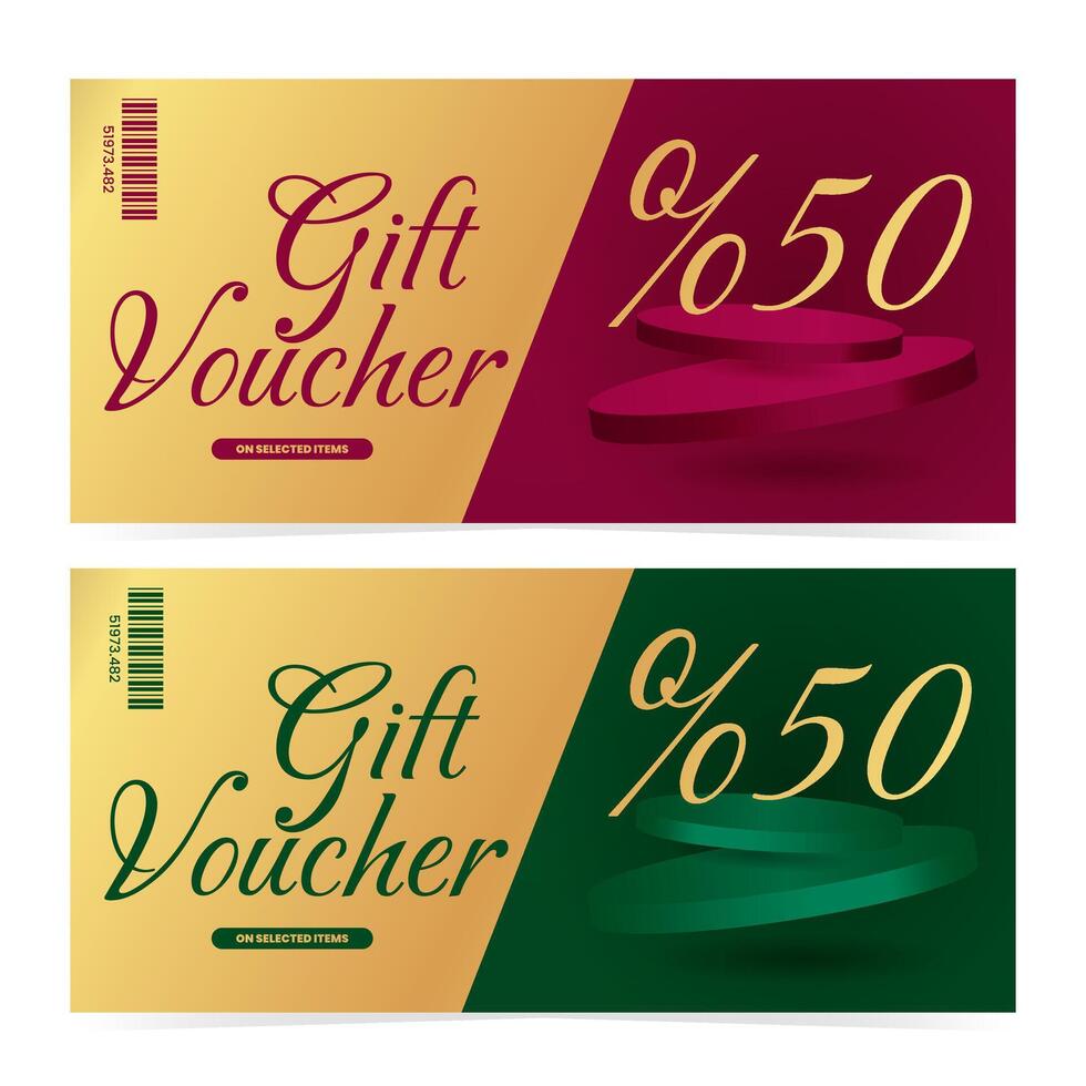 Set of gift vouchers template with background is red and green luxury podiums and golden text. Elegant promotion design. illustration on white background vector