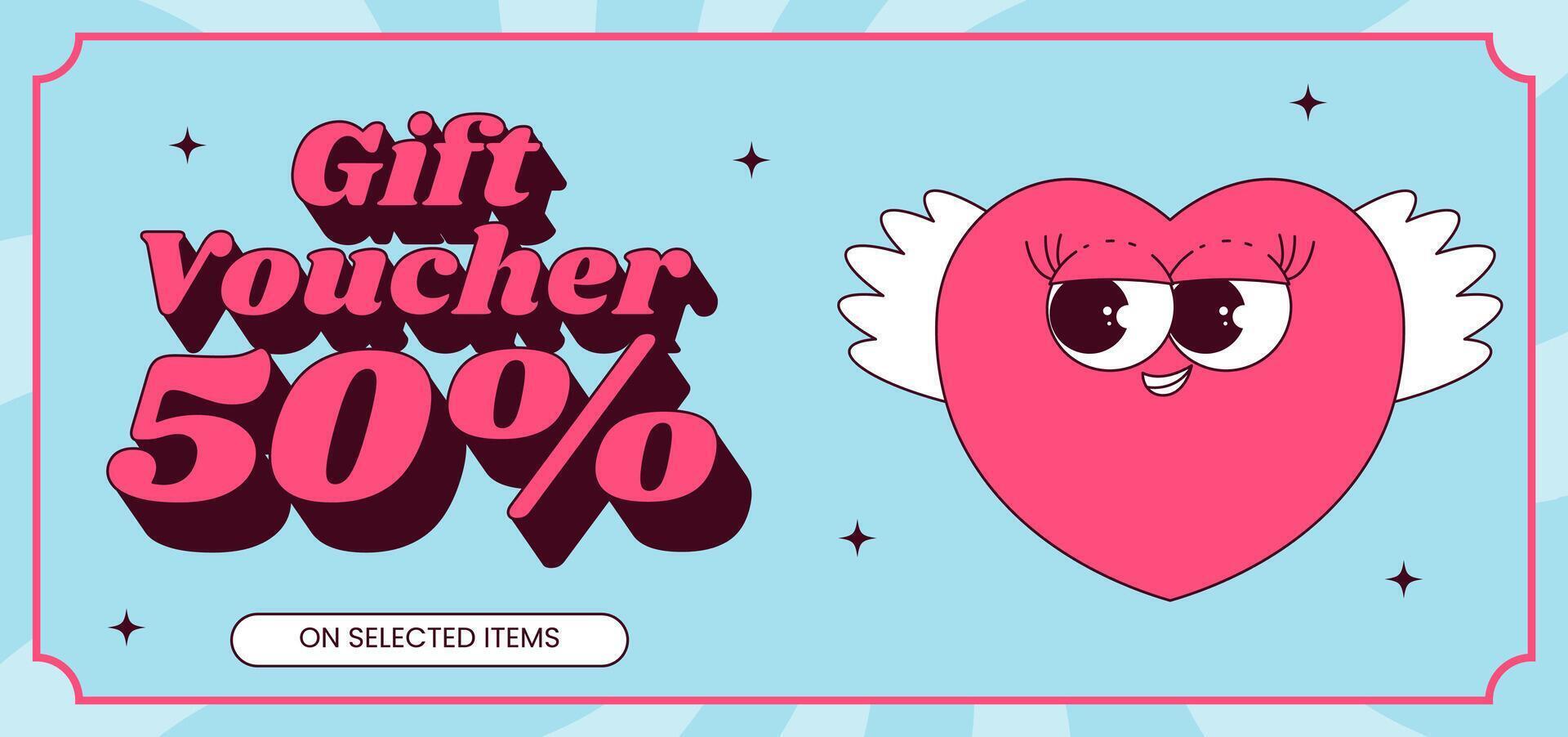 Gift voucher template. Cute character heart with face and wings in retro groovy style. Flat illustration, horizontal banner, poster vector