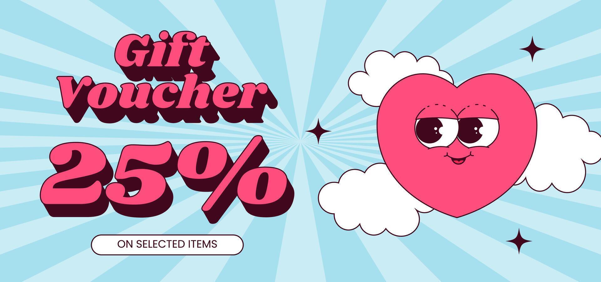 Gift voucher template. Cute character heart with face and clouds in retro groovy style. Flat illustration, banner, horizontal flyer vector