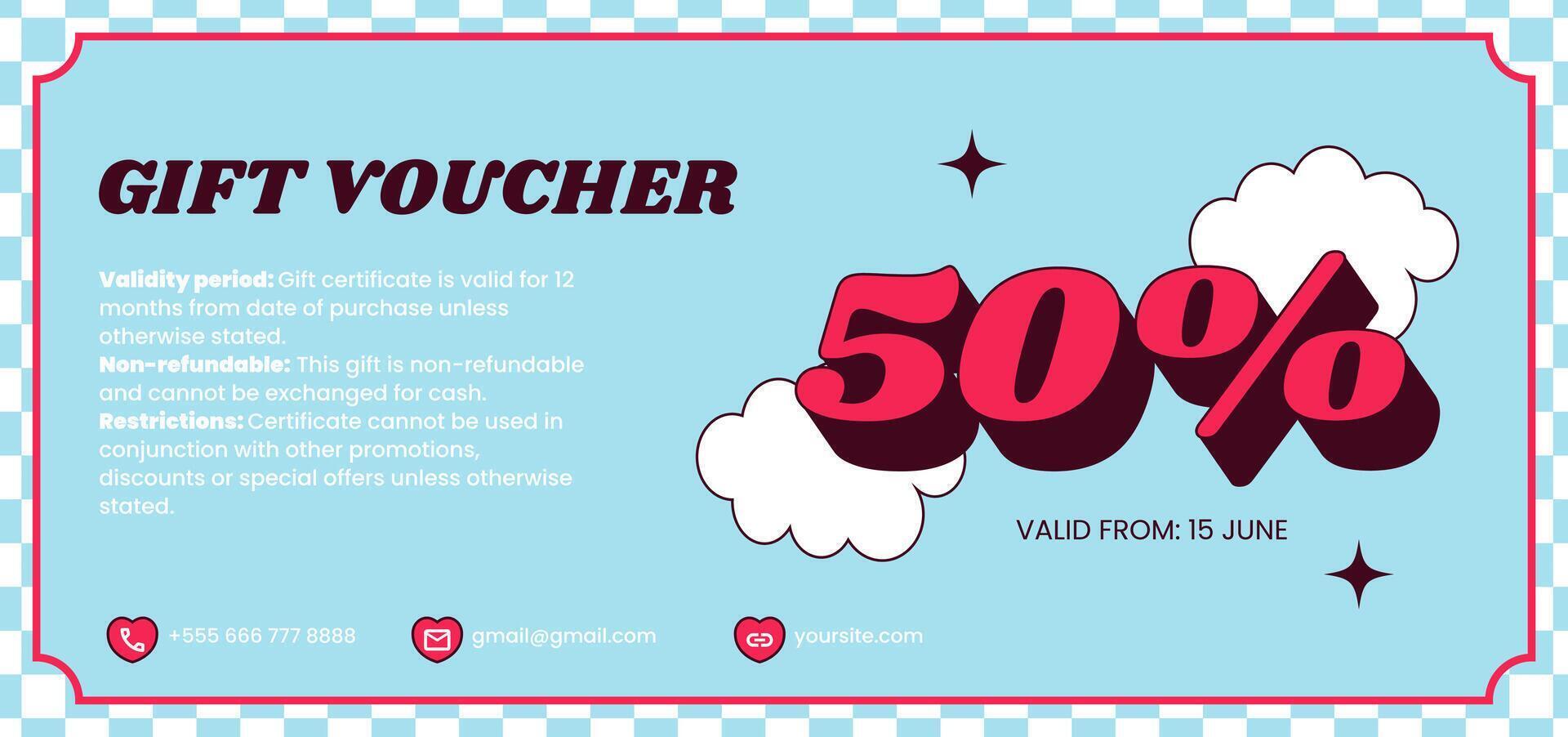 Gift voucher template. Vintage coupon with clouds in retro groovy style. Flat illustration, banner, horizontal flyer vector