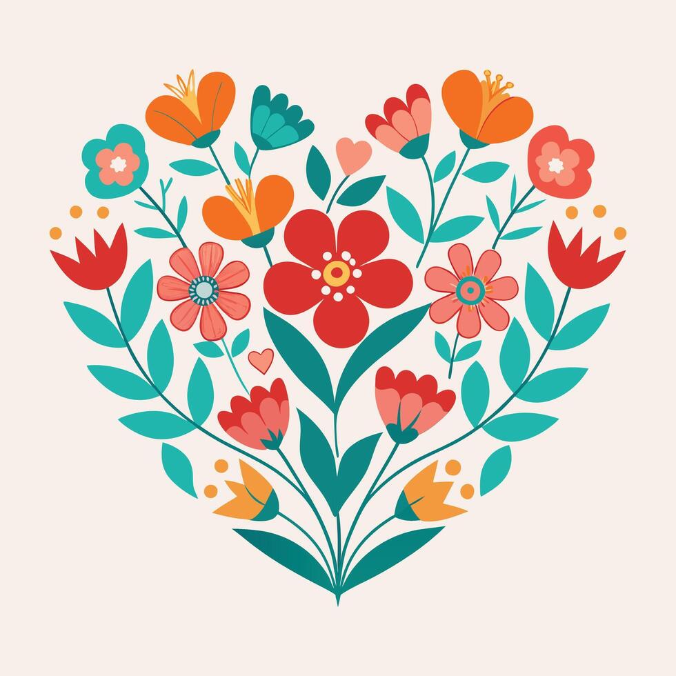 floral heart shape with colorful flowers on a beige background vector